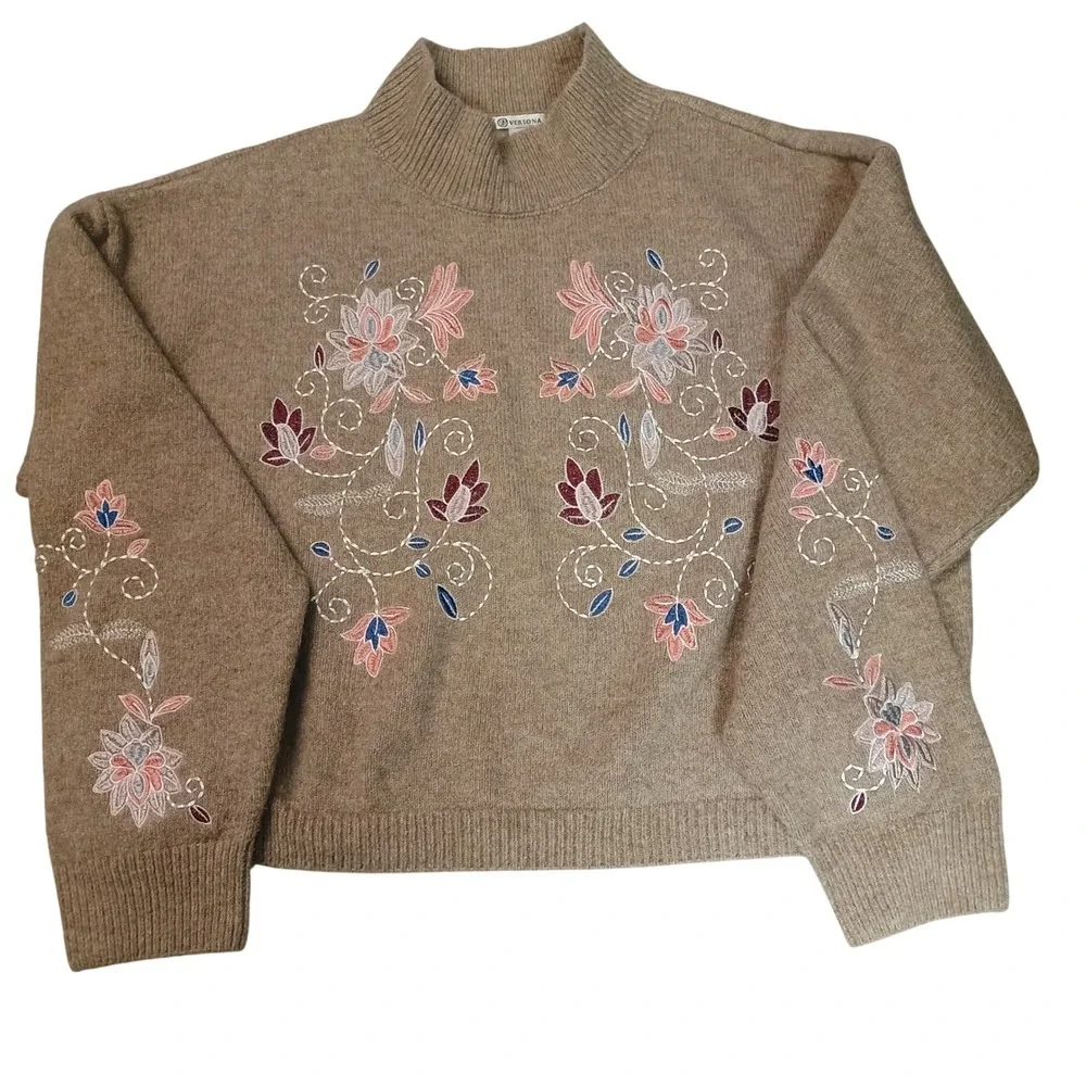 Versona L Embroidered Floral Mock Neck Sweater Taupe Cottagecore Pullover - Picture 1 of 10
